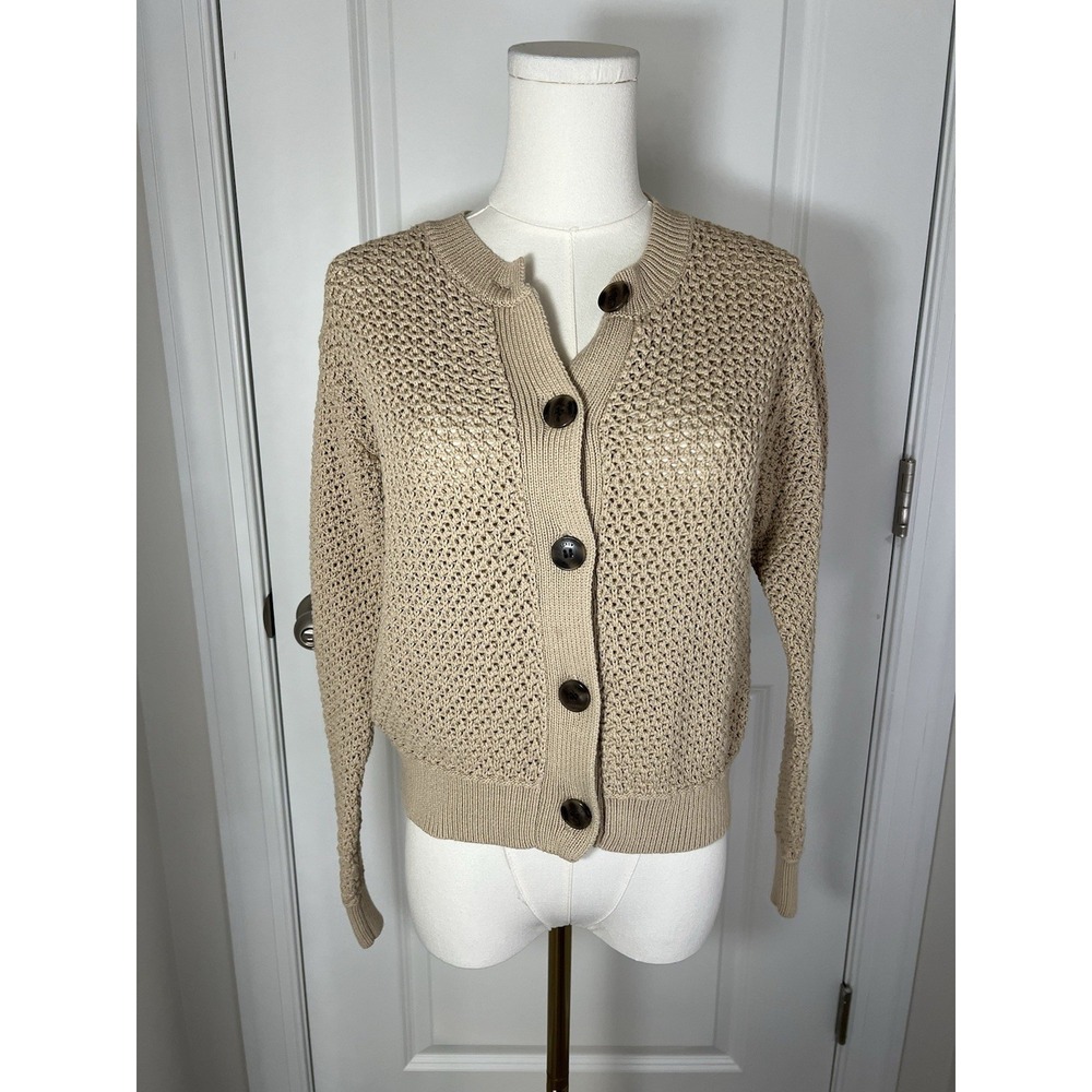 Women's J Crew Open Front Knit Cardigan Sweater Small Beige Tan Ribbed